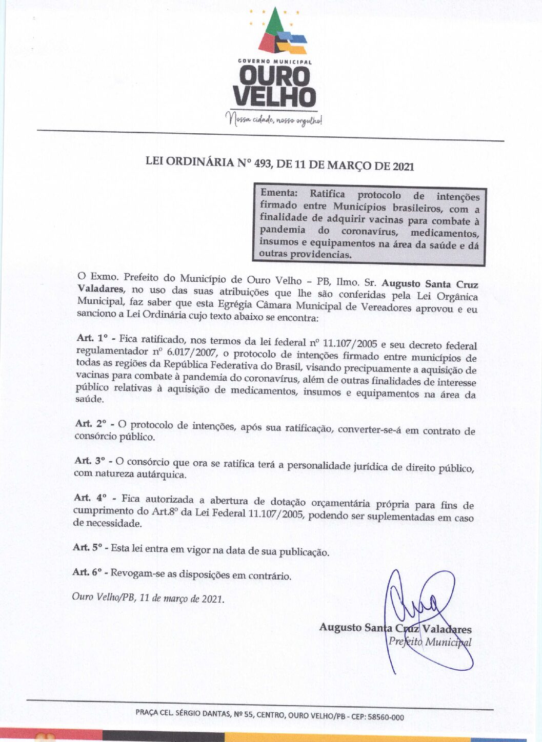 LEI ORDINÁRIA N° 493, DE 11 DE MARÇO DE 2021