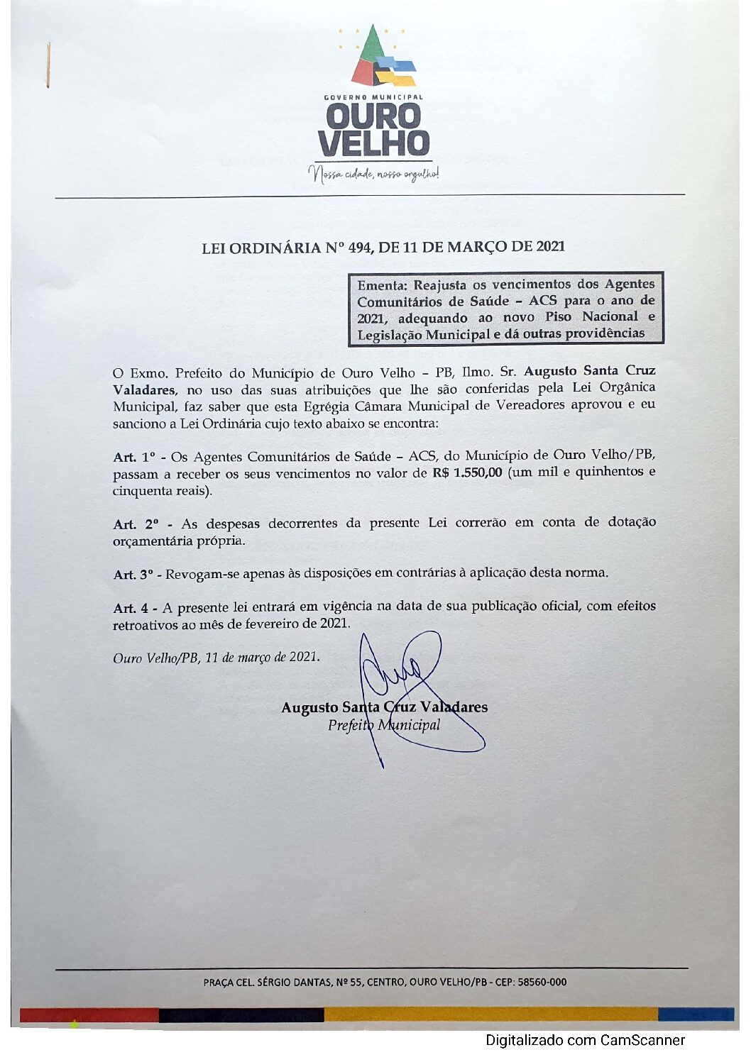 LEI ORDINÁRIA N° 494, DE 11 DE MARÇO DE 2021