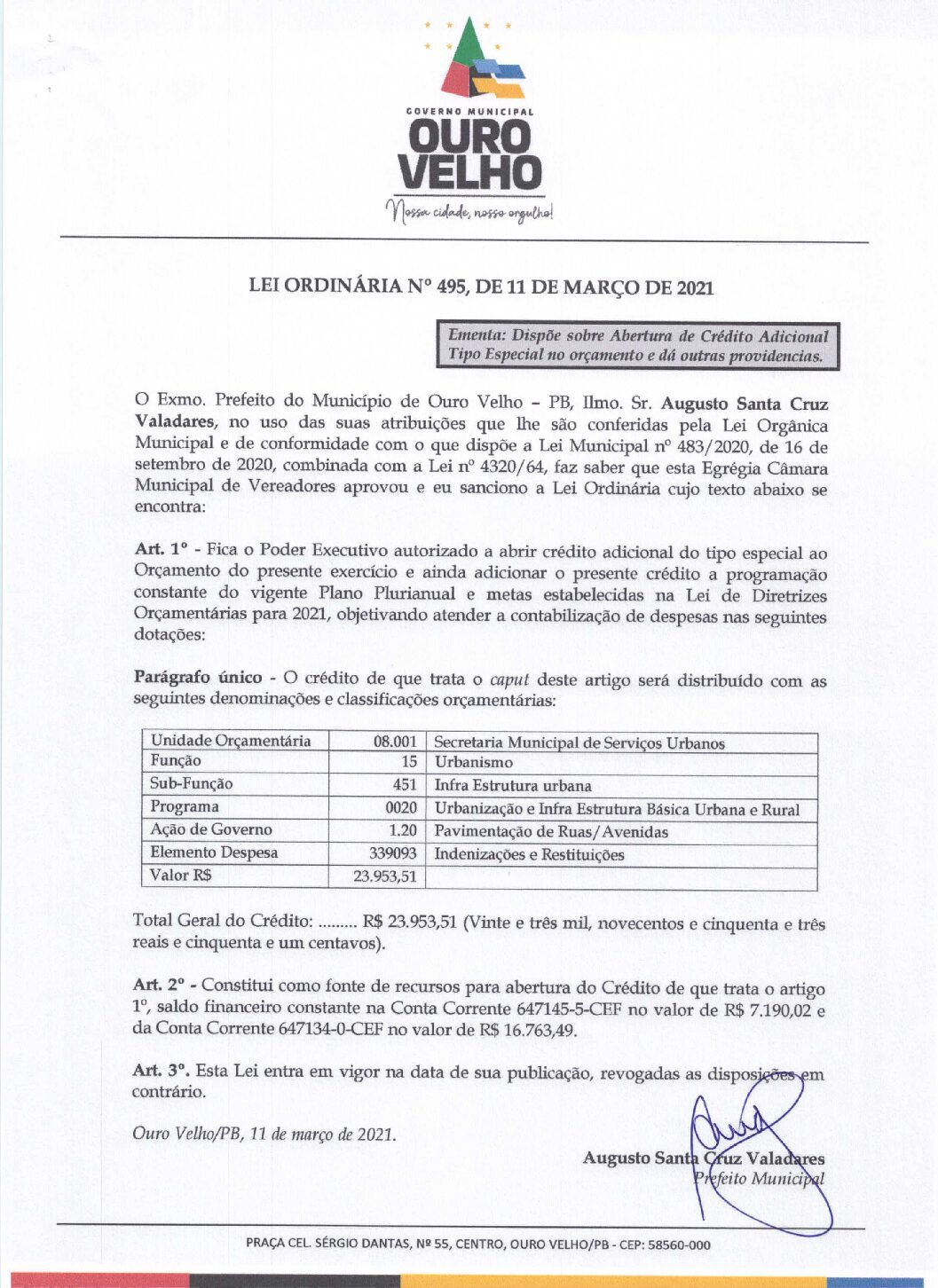LEI ORDINÁRIA N° 495, DE 11 DE MARÇO DE 2021