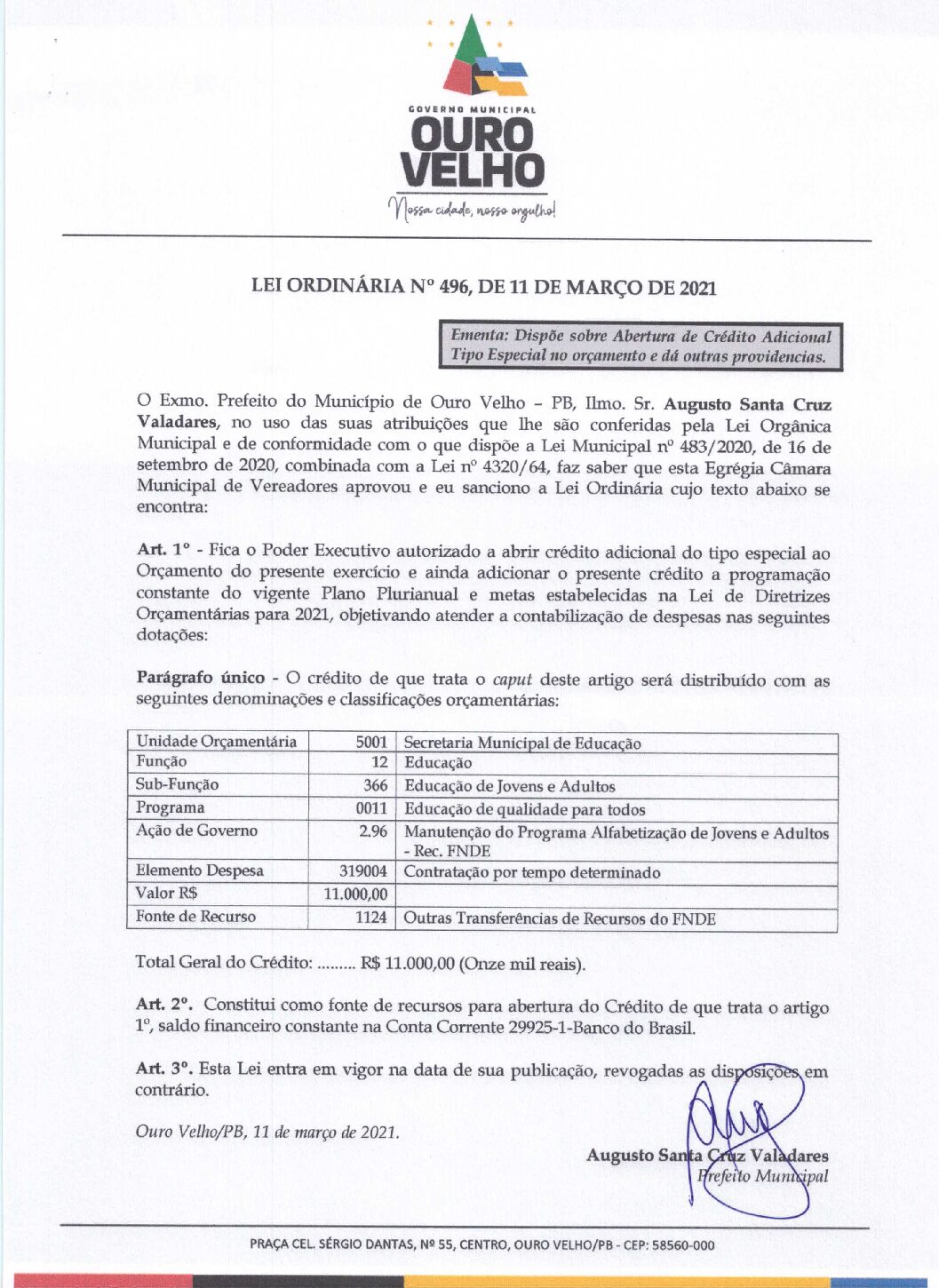 LEI ORDINÁRIA N° 496, DE 11 DE MARÇO DE 2021