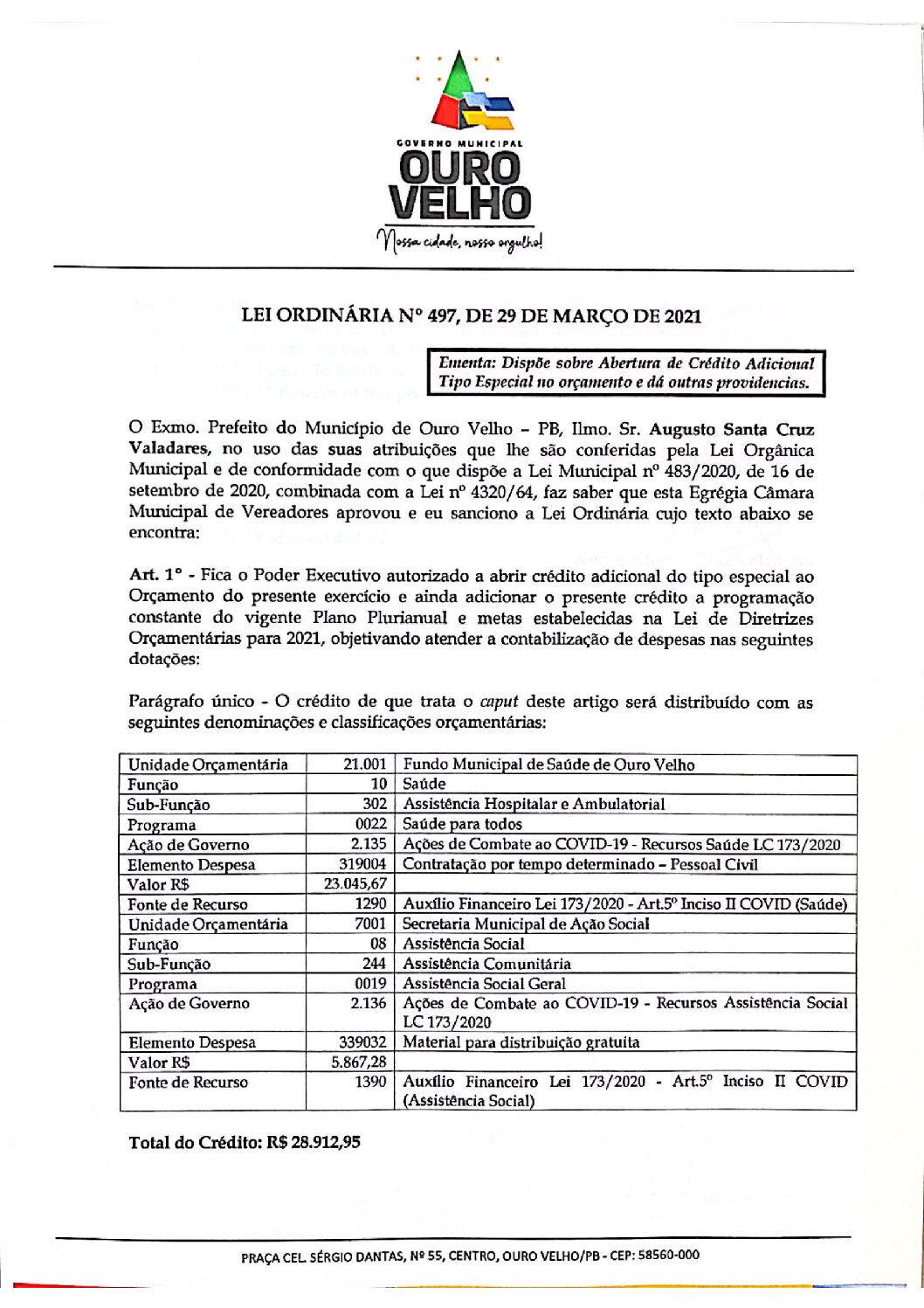 LEI ORDINÁRIA N° 497, DE 29 DE MARÇO DE 2021