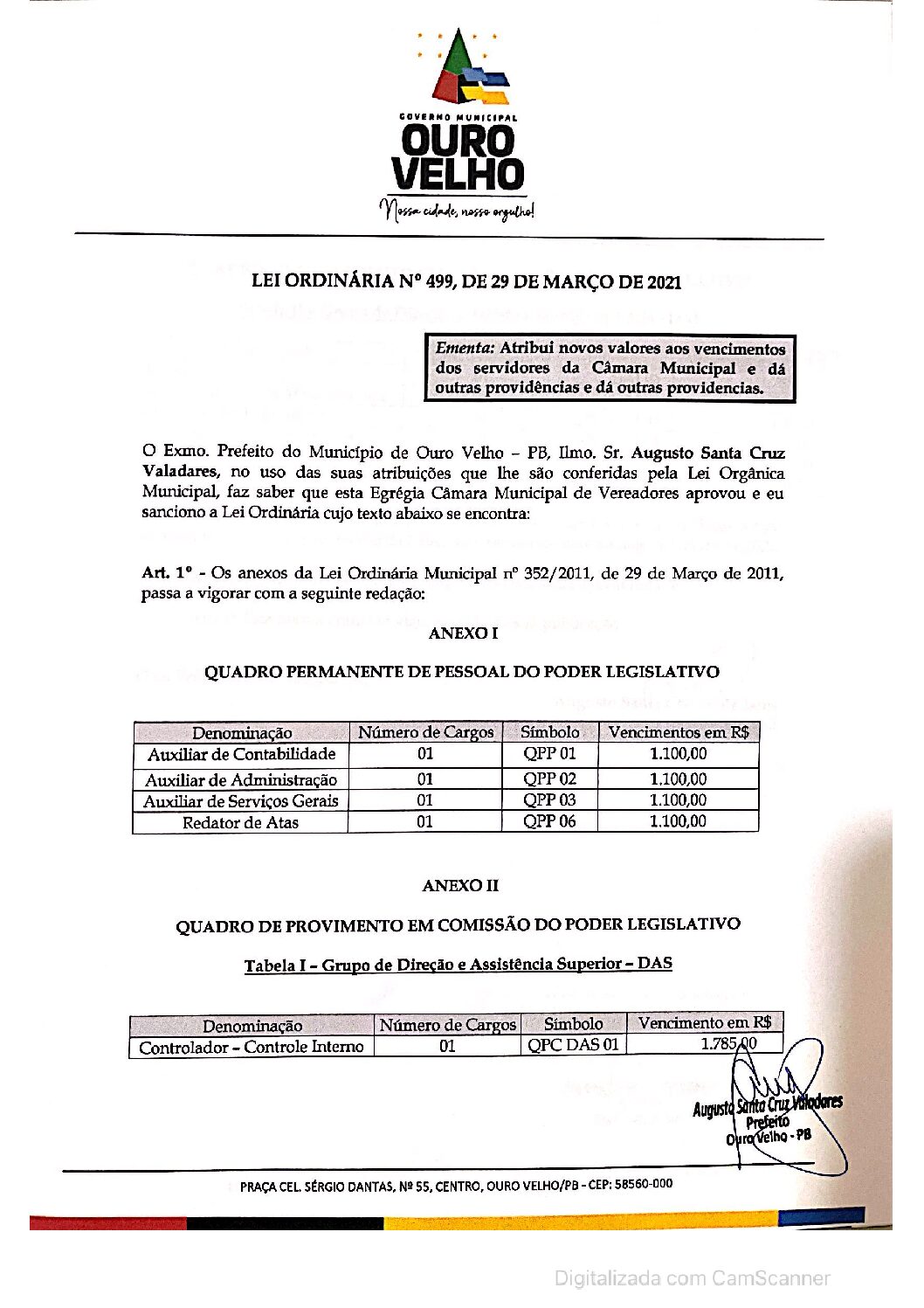 LEI ORDINÁRIA N° 499, DE 29 DE MARÇO DE 2021