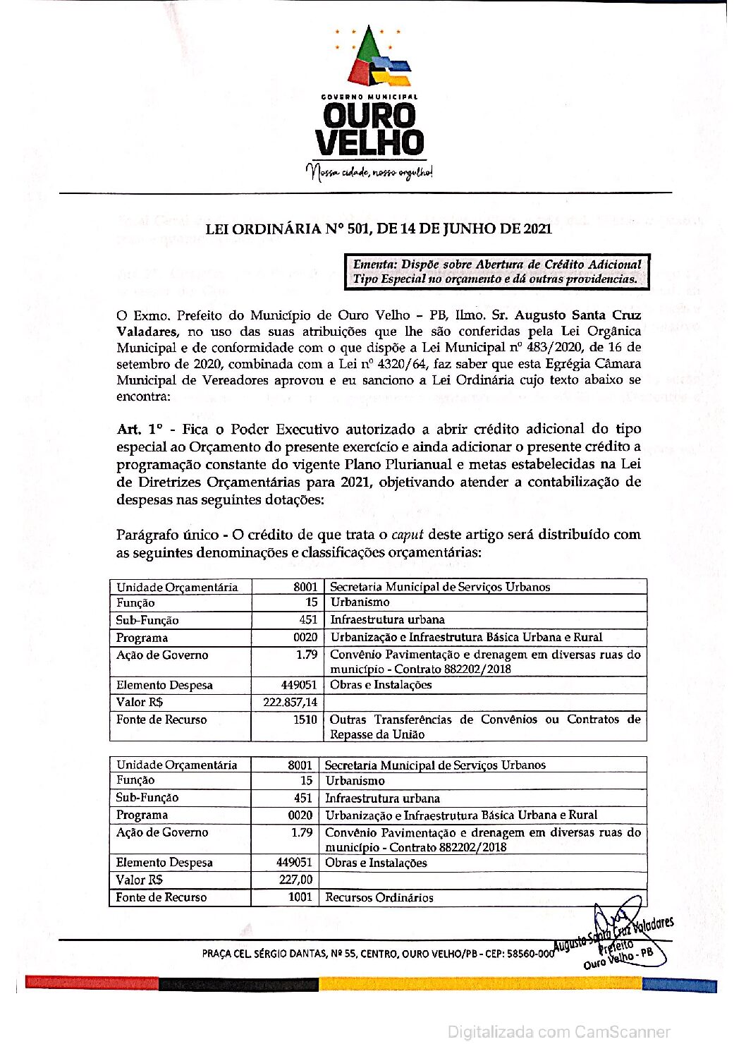 LEI ORDINÁRIA N° 501, DE 14 DE JUNHO DE 2021