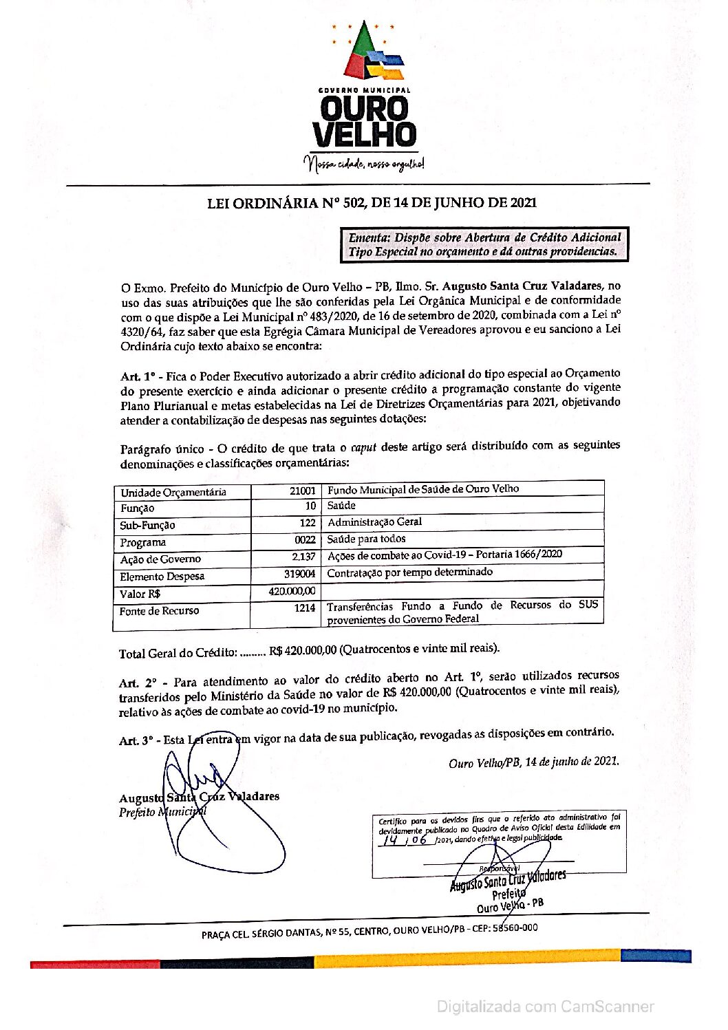 LEI ORDINÁRIA N° 502, DE 14 DE JUNHO DE 2021