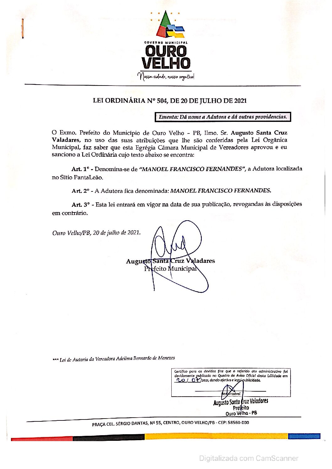 LEI ORDINÁRIA N° 504, DE 20 DE JULHO DE 2021