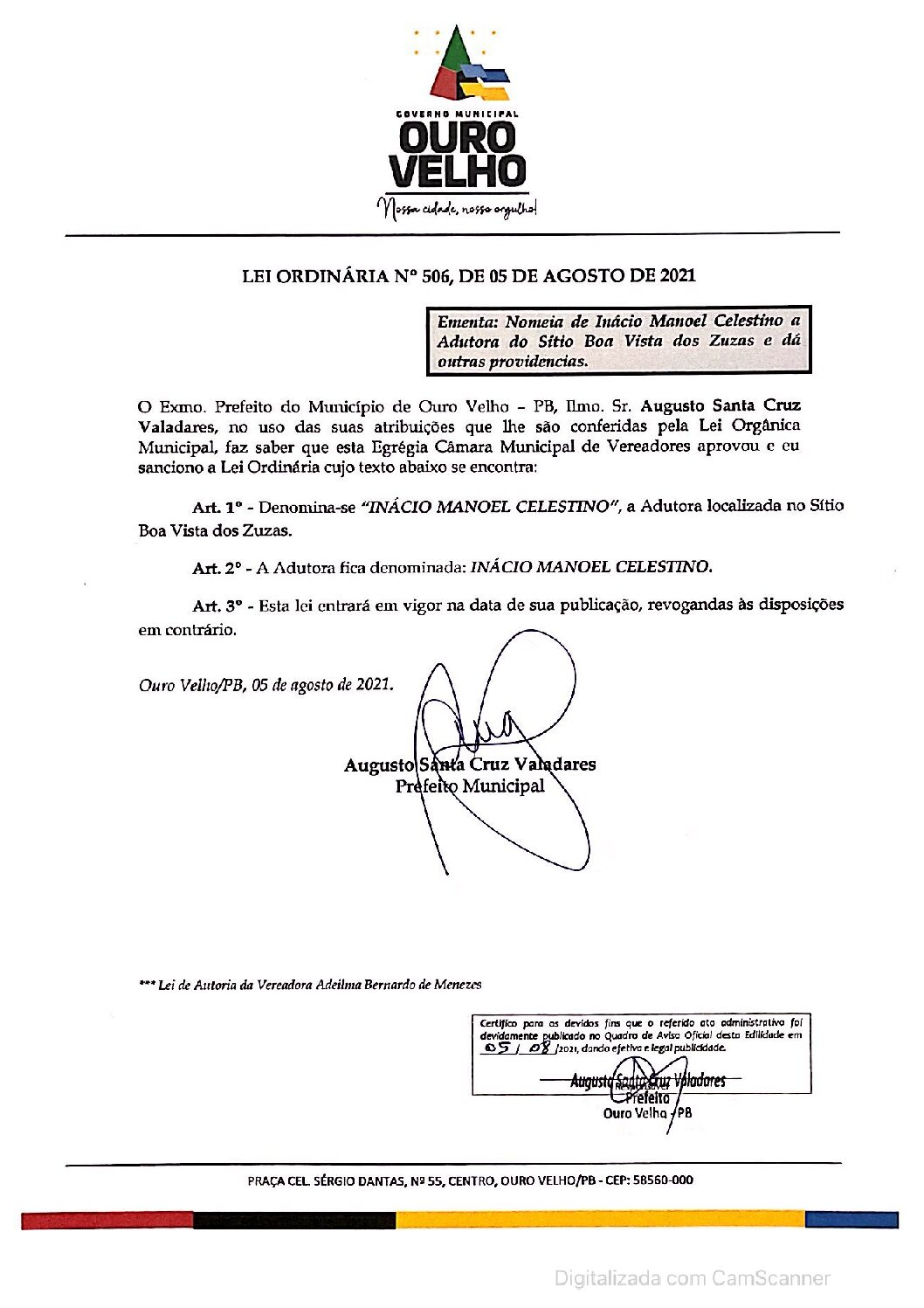 LEI ORDINÁRIA N° 506, DE 05 DE AGOSTO DE 2021