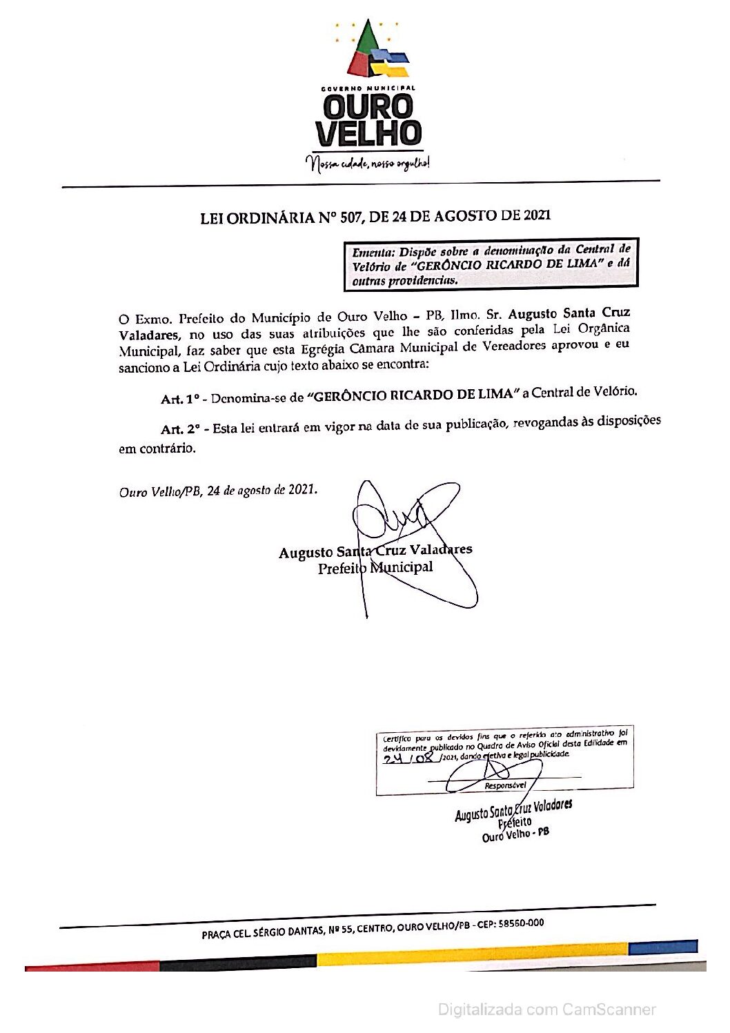 LEI ORDINÁRIA N° 507, DE 24 DE AGOSTO DE 2021