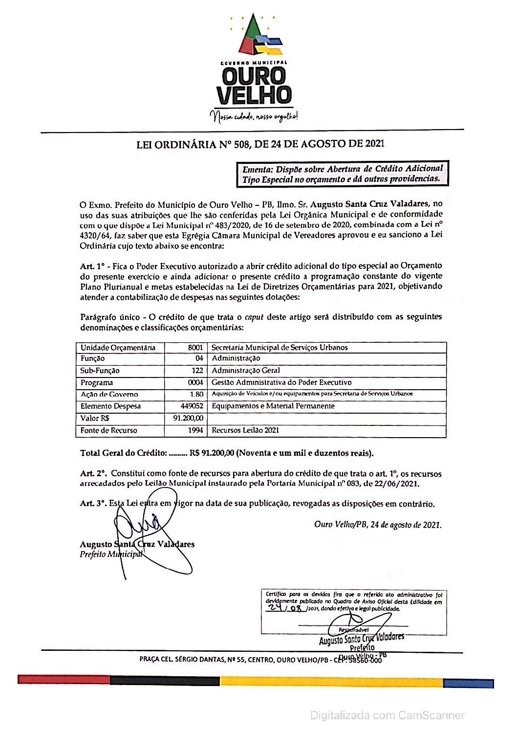 LEI ORDINÁRIA N° 508, DE 24 DE AGOSTO DE 2021