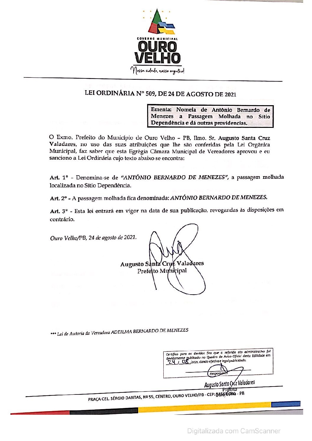 LEI ORDINÁRIA N° 509, DE 24 DE AGOSTO DE 2021