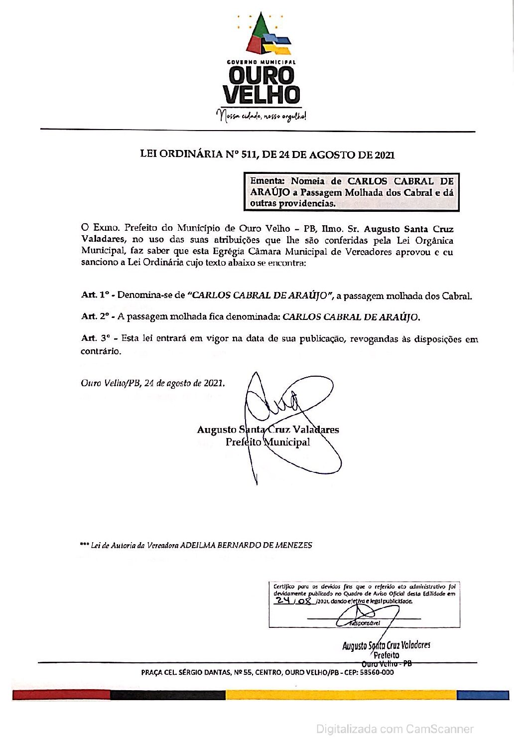 LEI ORDINÁRIA N° 511, DE 24 DE AGOSTO DE 2021