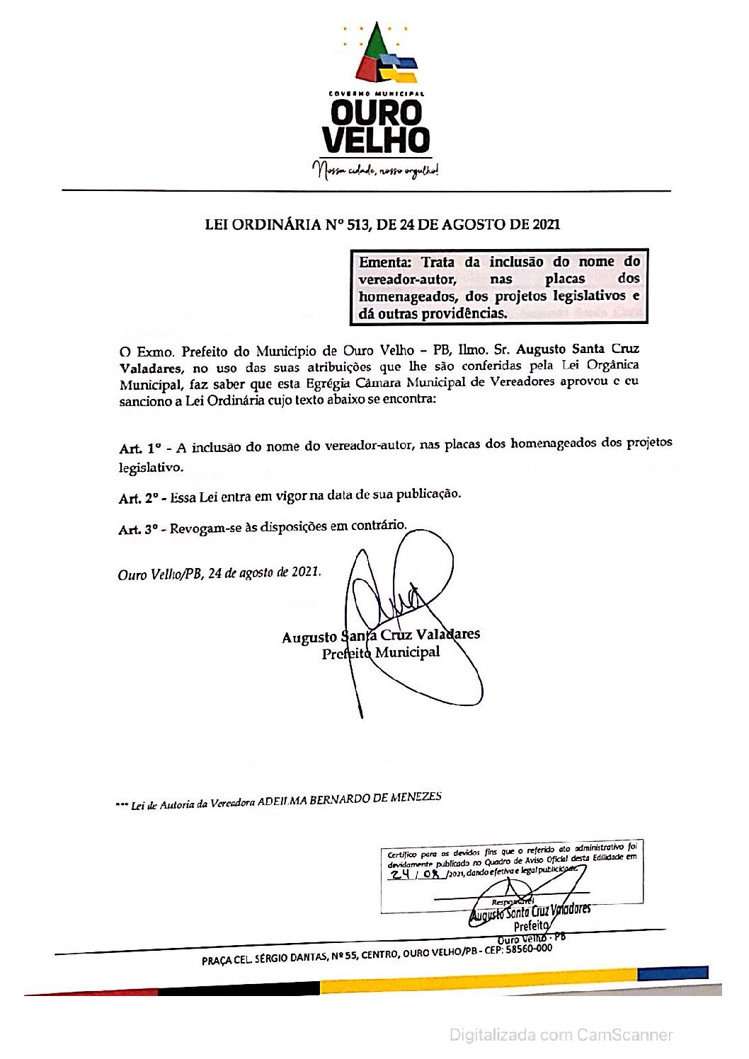 LEI ORDINÁRIA N° 513, DE 24 DE AGOSTO DE 2021