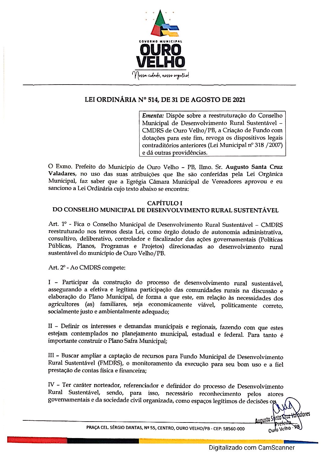 LEI ORDINÁRIA N° 514, DE 31 DE AGOSTO DE 2021