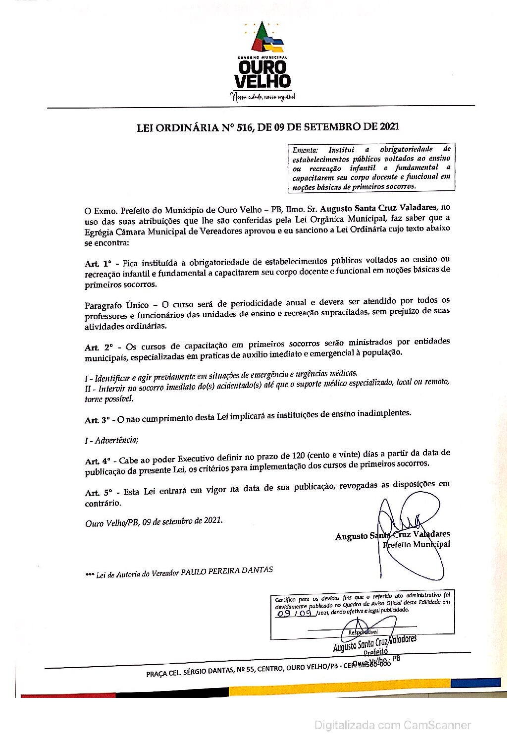 LEI ORDINÁRIA N° 516, DE 09 DE SETEMBRO DE 2021