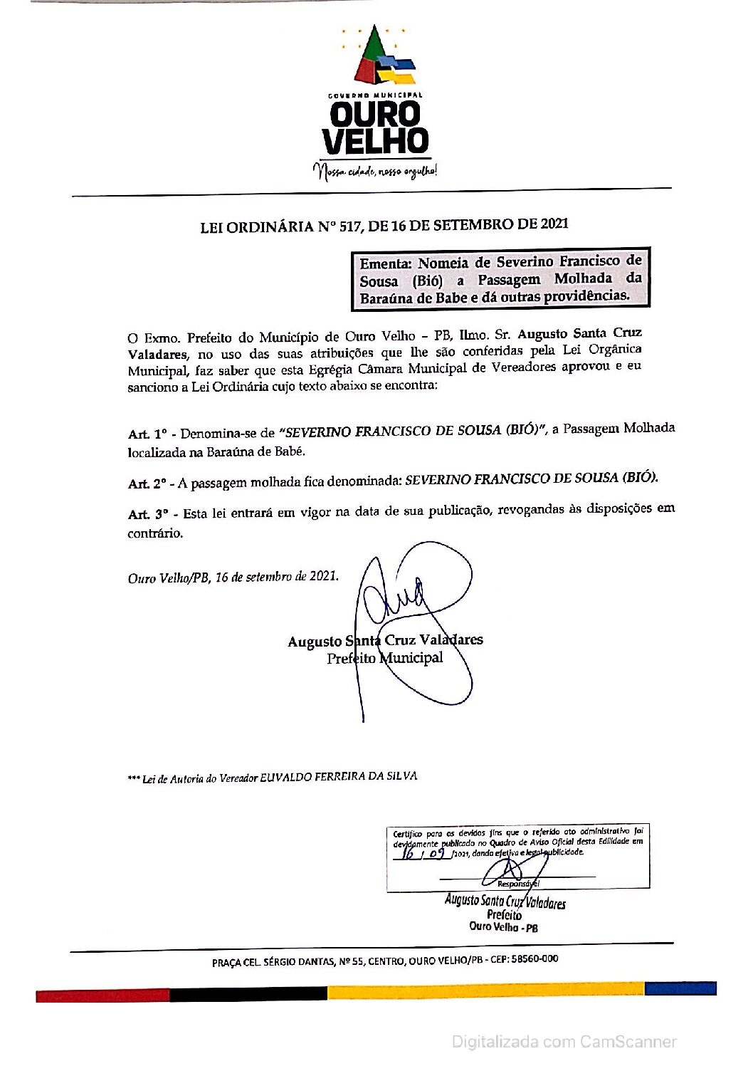 LEI ORDINÁRIA N° 517, DE 16 DE SETEMBRO DE 2021