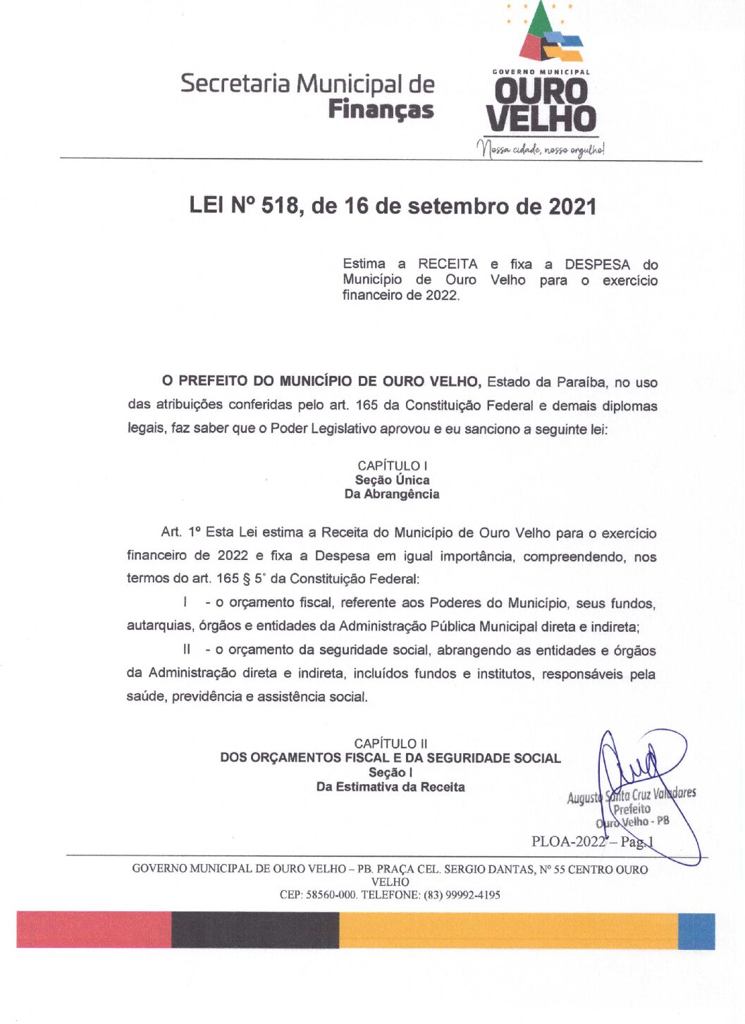LEI ORDINÁRIA N° 518, DE 16 DE SETEMBRO DE 2021 LOA