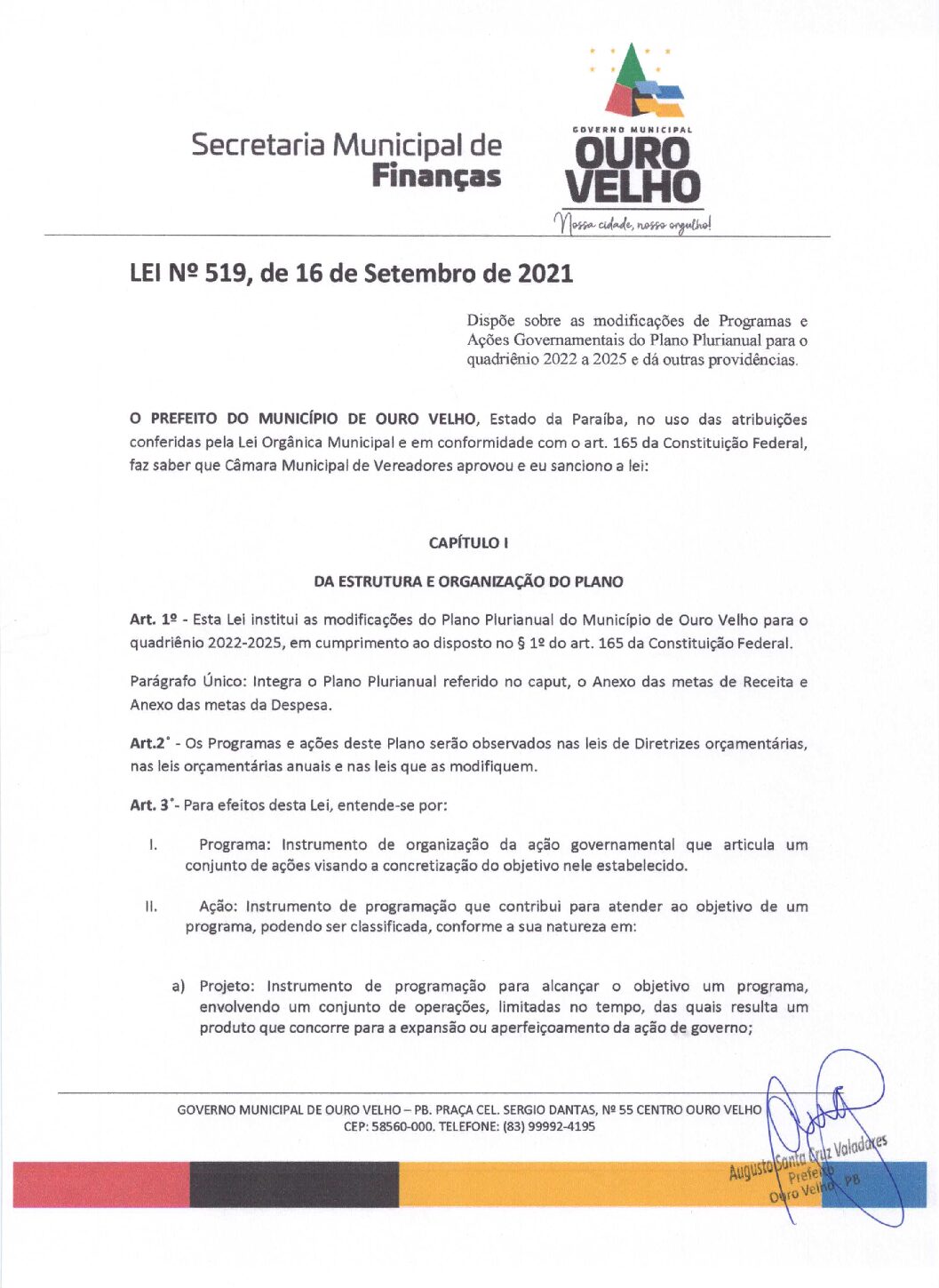 LEI ORDINÁRIA N° 519, DE 16 DE SETEMBRO DE 2021 PPA 2022 À 2025