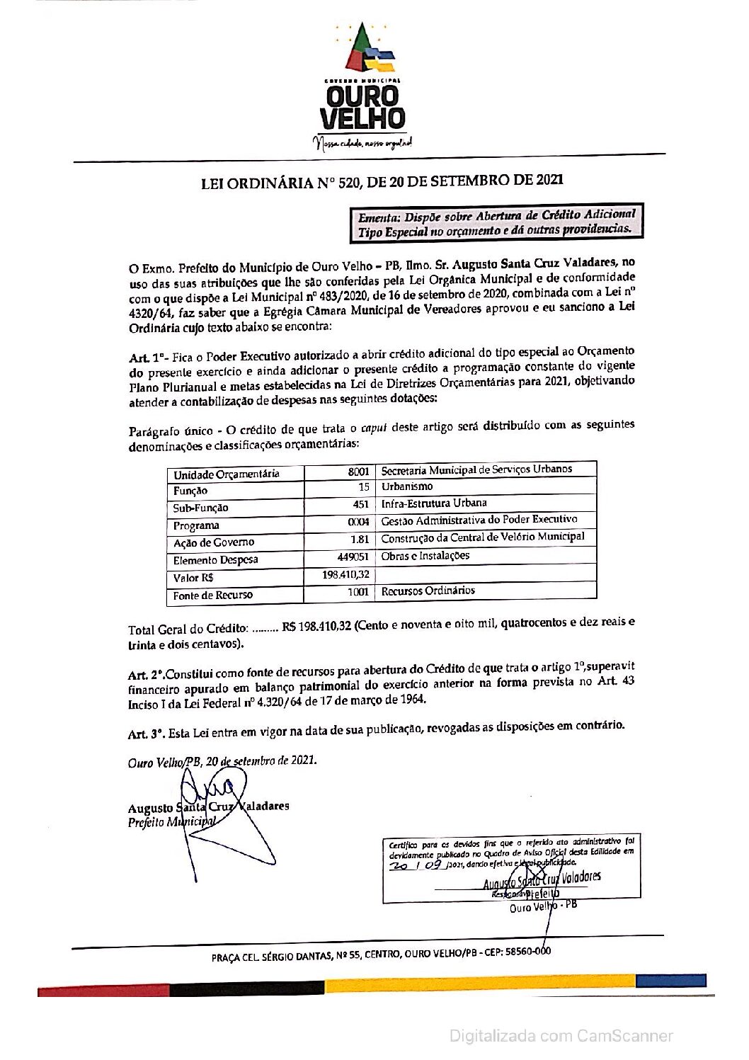 LEI ORDINÁRIA N° 520, DE 20 DE SETEMBRO DE 2021