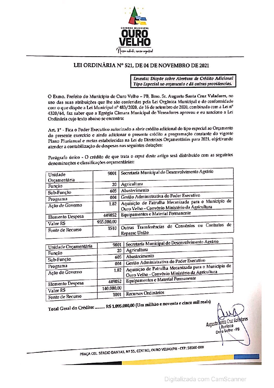 LEI ORDINÁRIA N° 521, DE 04 DE NOVEMBRO DE 2021