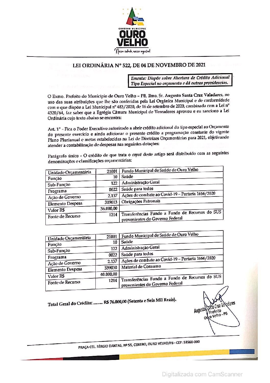 LEI ORDINÁRIA N° 522, DE 04 DE NOVEMBRO DE 2021