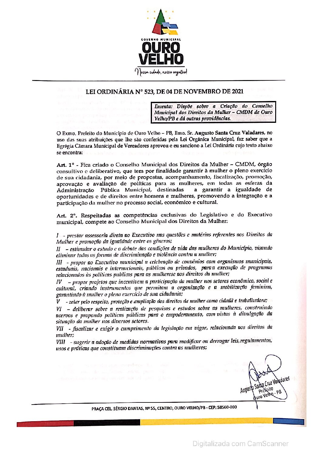 LEI ORDINÁRIA N° 523, DE 04 DE NOVEMBRO DE 2021