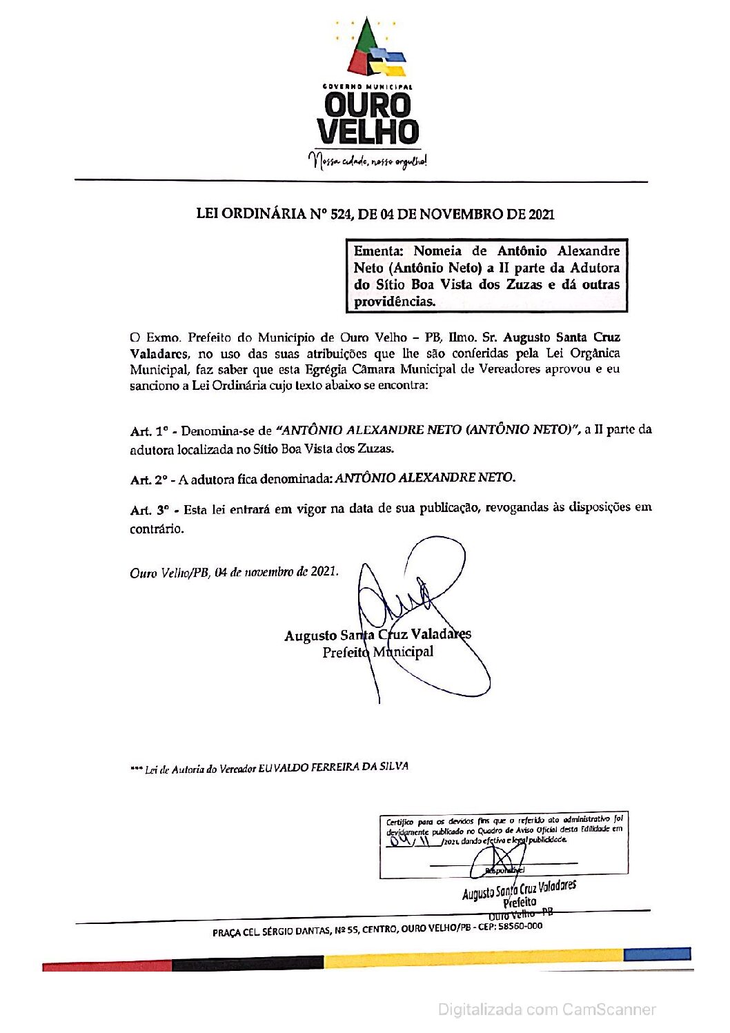 LEI ORDINÁRIA N° 524, DE 04 DE NOVEMBRO DE 2021