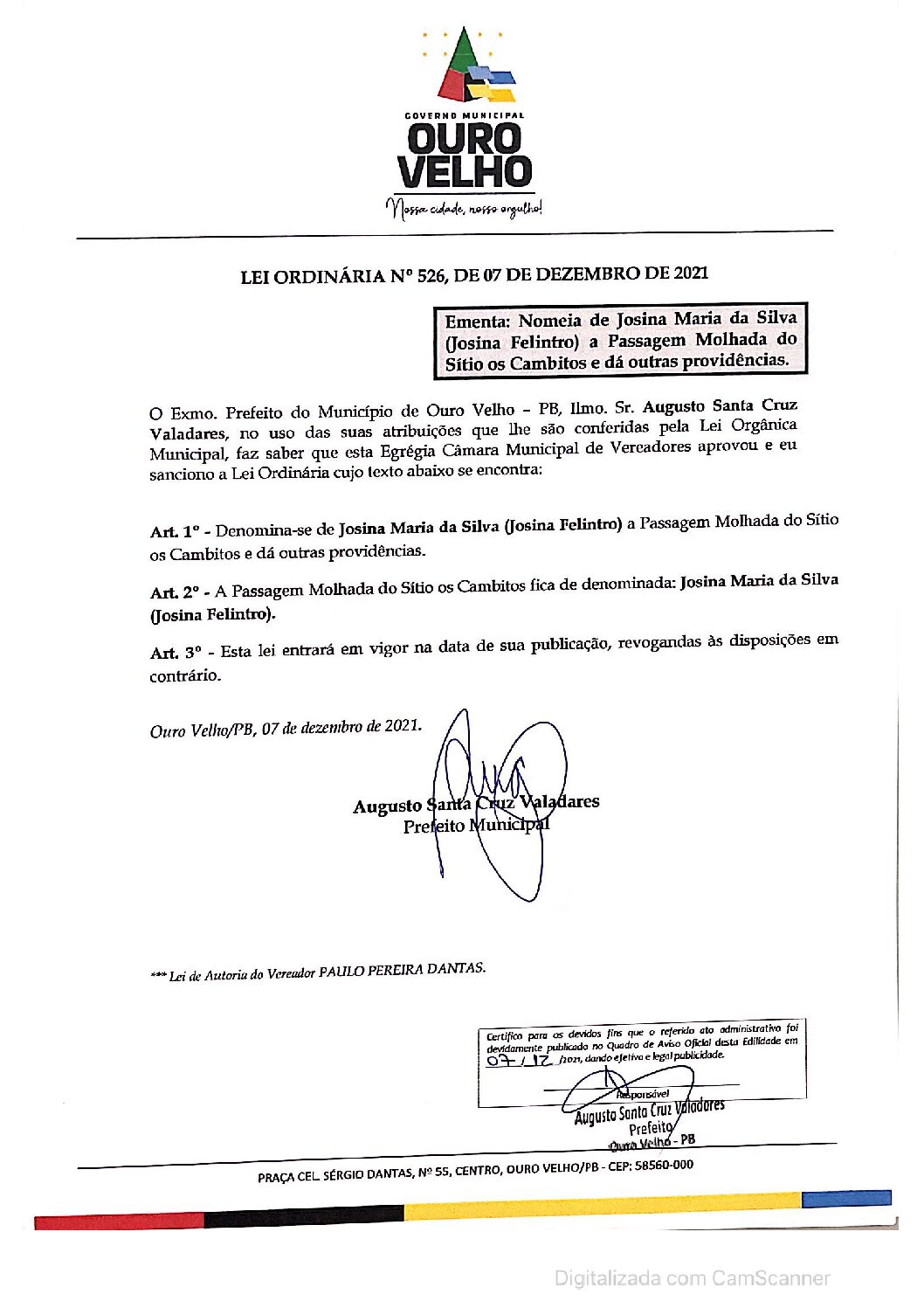 LEI ORDINÁRIA N° 526, DE 07 DE DEZEMBRO DE 2021