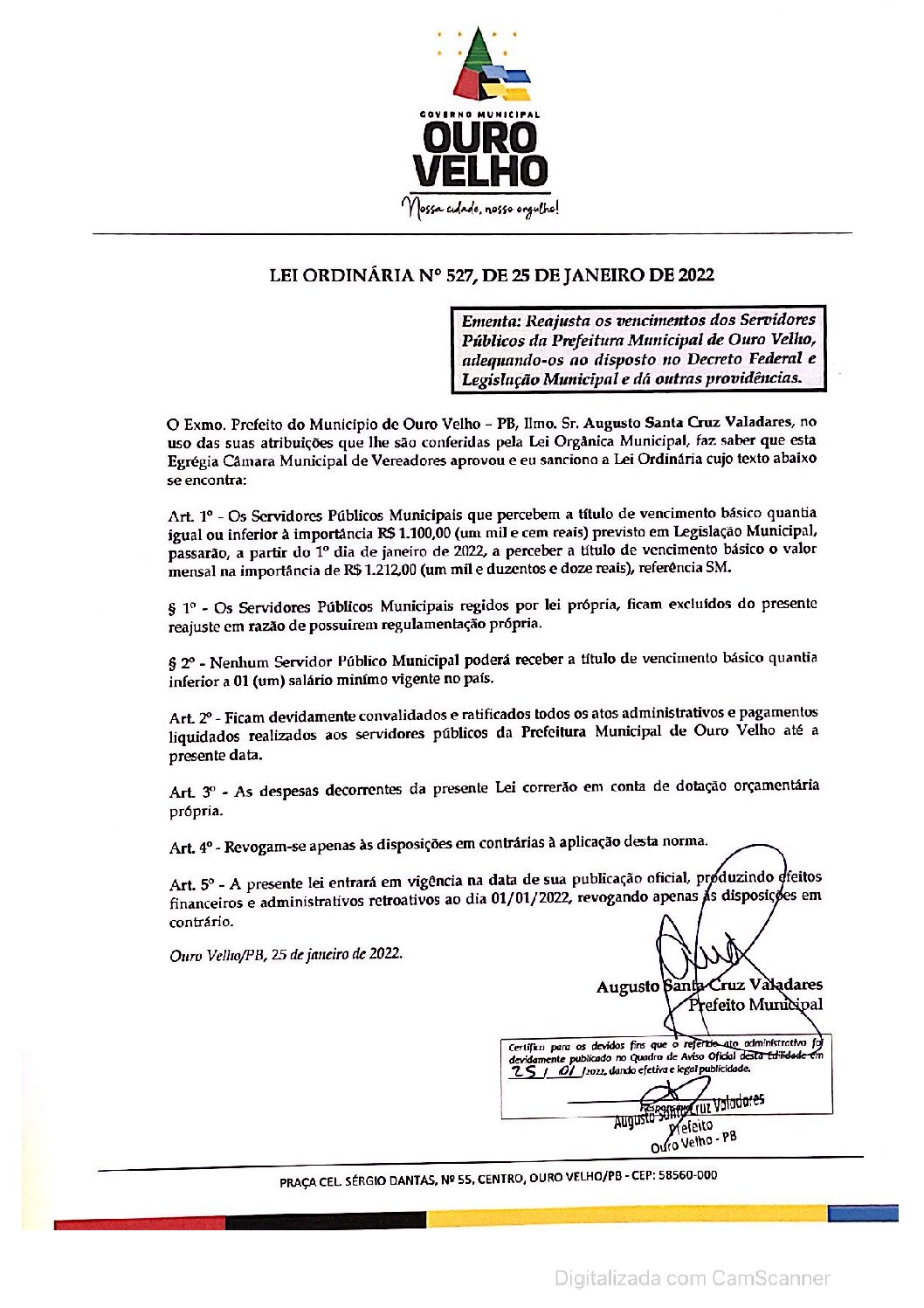 LEI ORDINÁRIA N° 527, DE 25 DE JANEIRO DE 2022