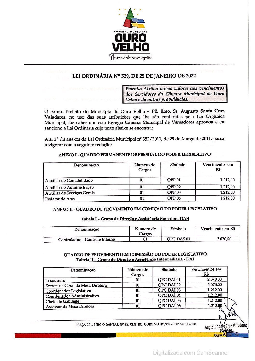 LEI ORDINÁRIA N° 529, DE 25 DE JANEIRO DE 2022