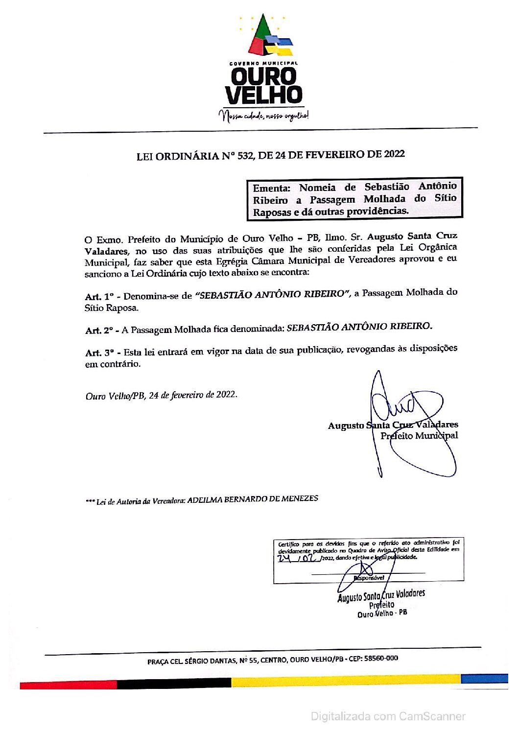 LEI ORDINÁRIA N° 532, DE 24 DE FEVEREIRO DE 2022