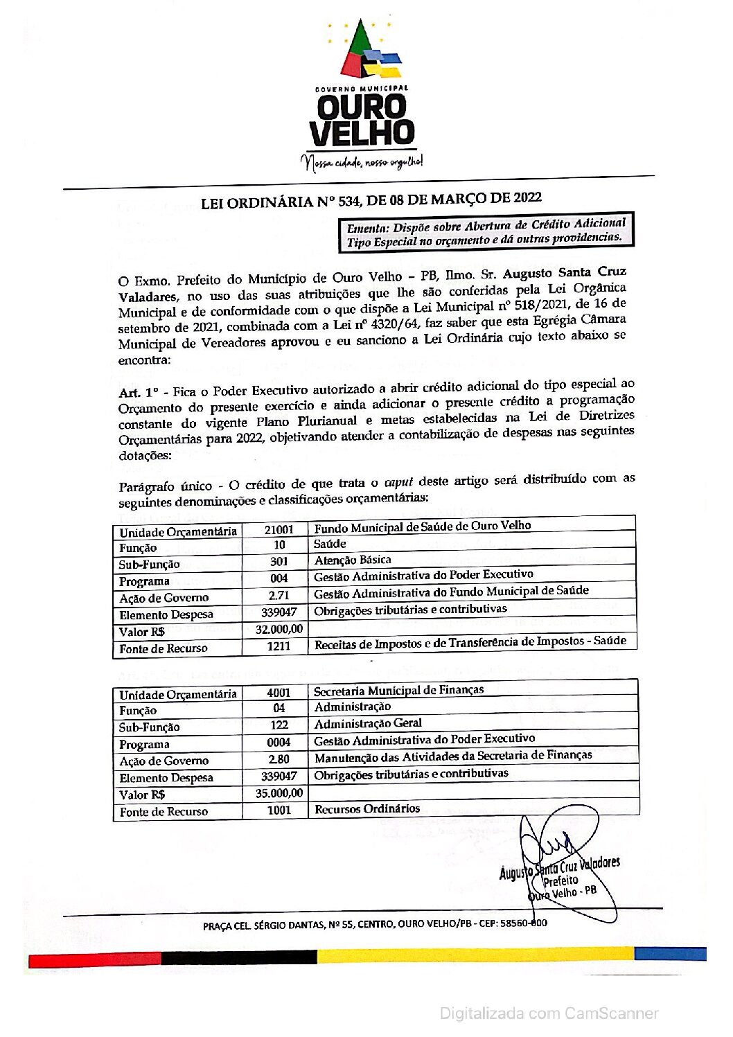 LEI ORDINÁRIA N° 534, DE 08 DE MARÇO DE 2022