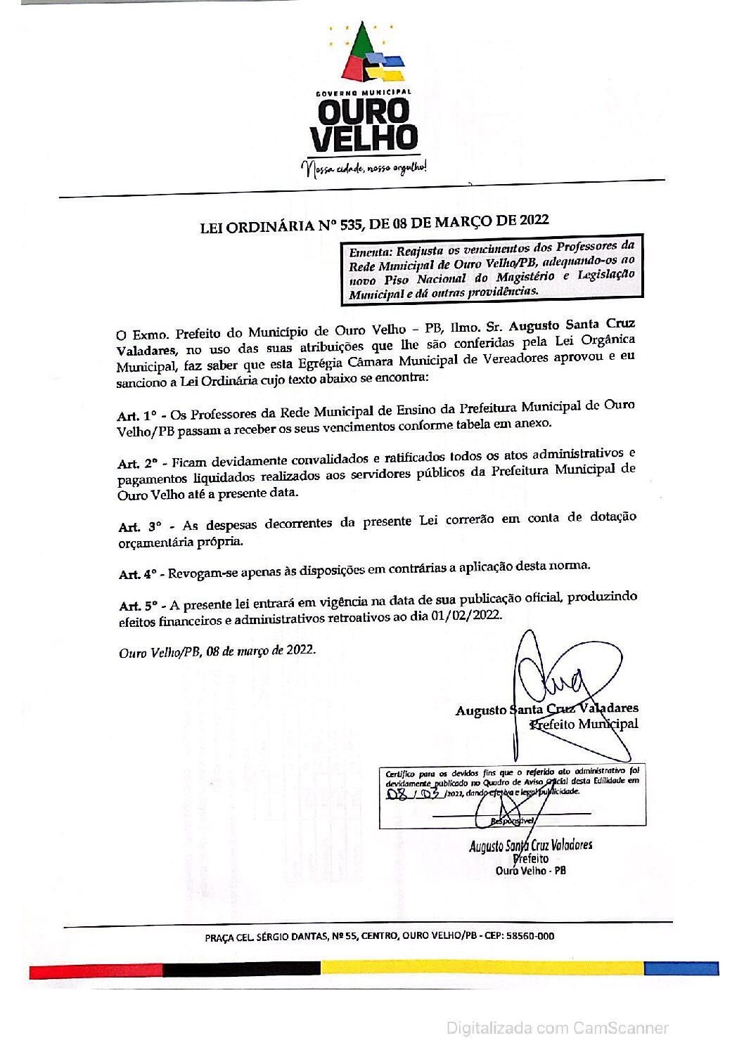 LEI ORDINÁRIA N° 535, DE 08 DE MARÇO DE 2022