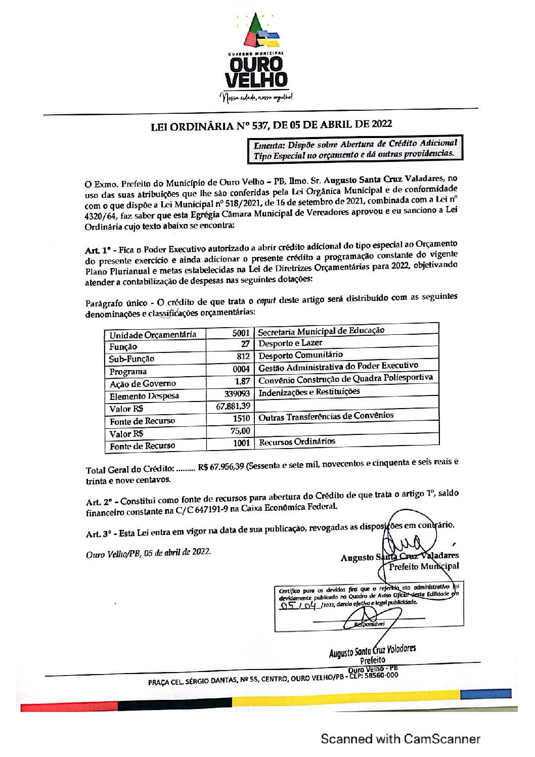 LEI ORDINÁRIA N° 537, DE 05 DE ABRIL DE 2022