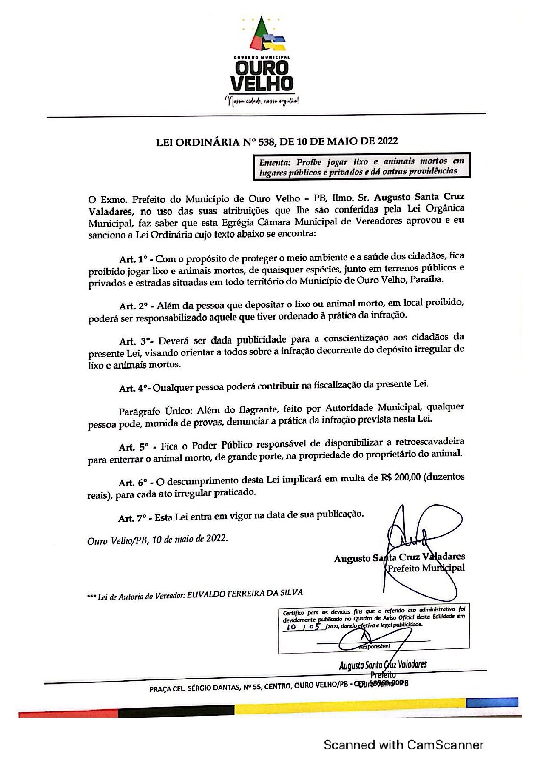 LEI ORDINÁRIA N° 538, DE 10 DE MAIO DE 2022