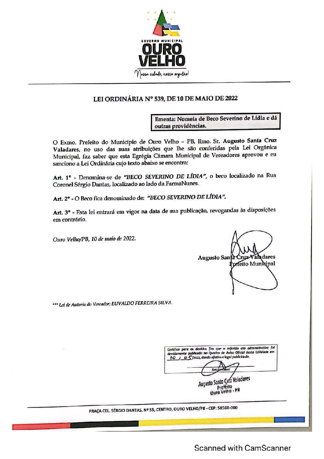 LEI ORDINÁRIA N° 539, DE 10 DE MAIO DE 2022