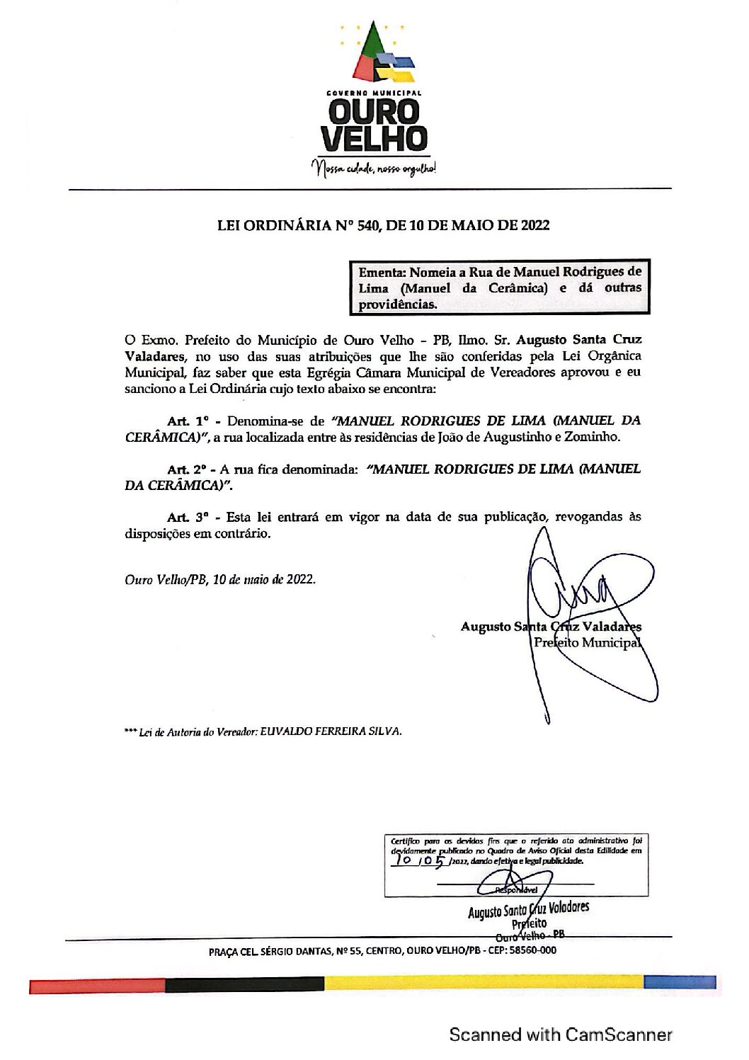 LEI ORDINÁRIA N° 540, DE 10 DE MAIO DE 2022