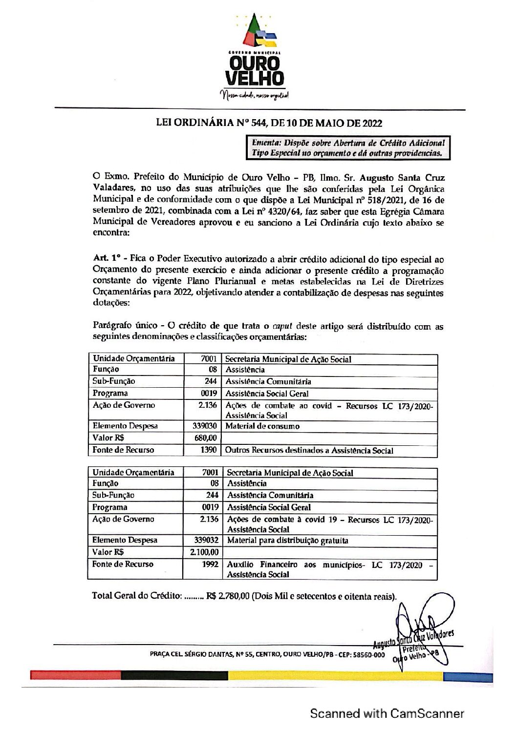 LEI ORDINÁRIA N° 544, DE 10 DE MAIO DE 2022