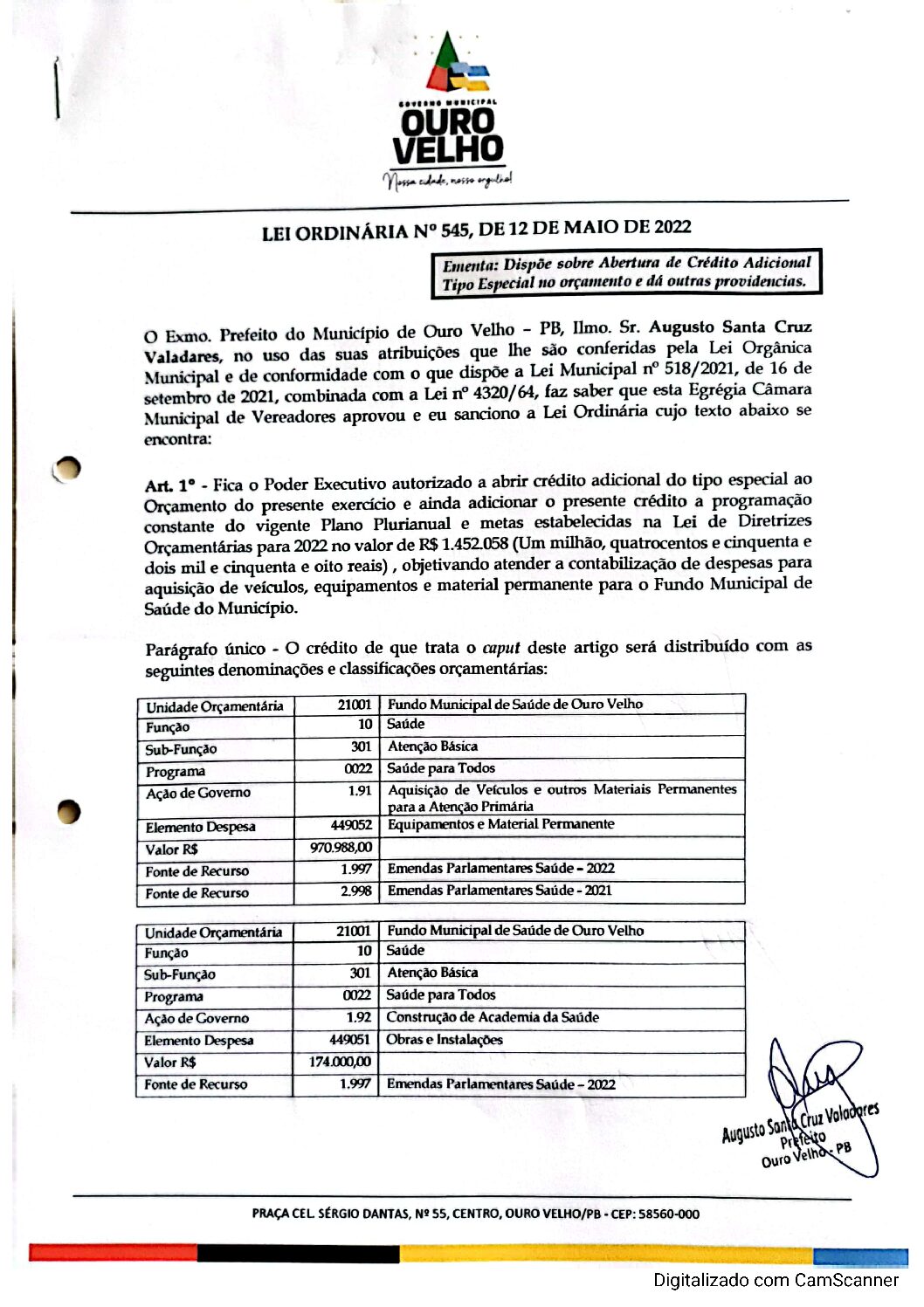 LEI ORDINÁRIA N° 545, DE 12 DE MAIO DE 2022