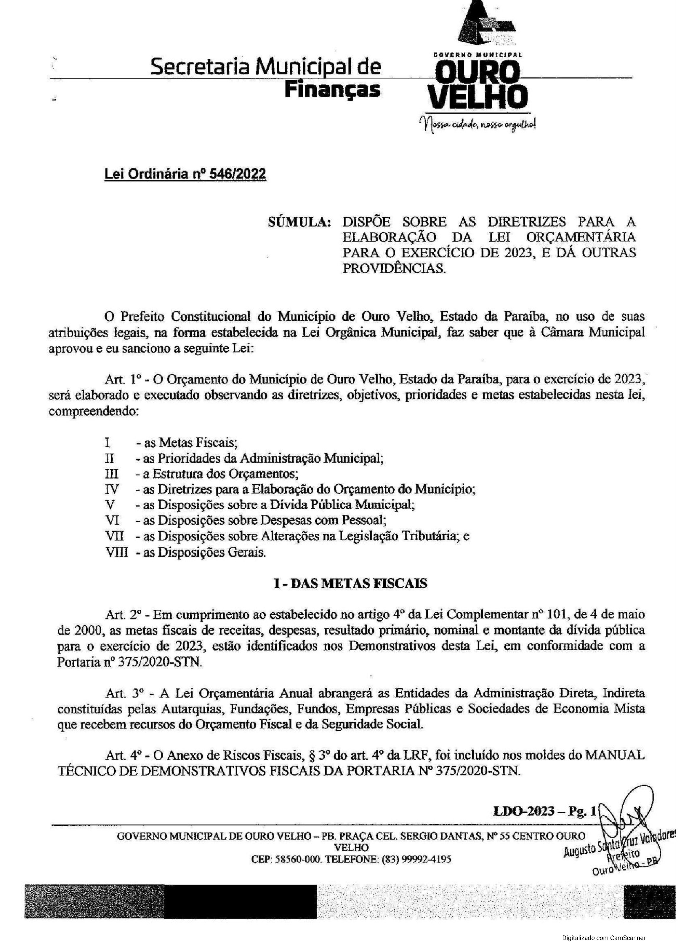 LEI ORDINÁRIA N° 546.2022 LDO para 2023