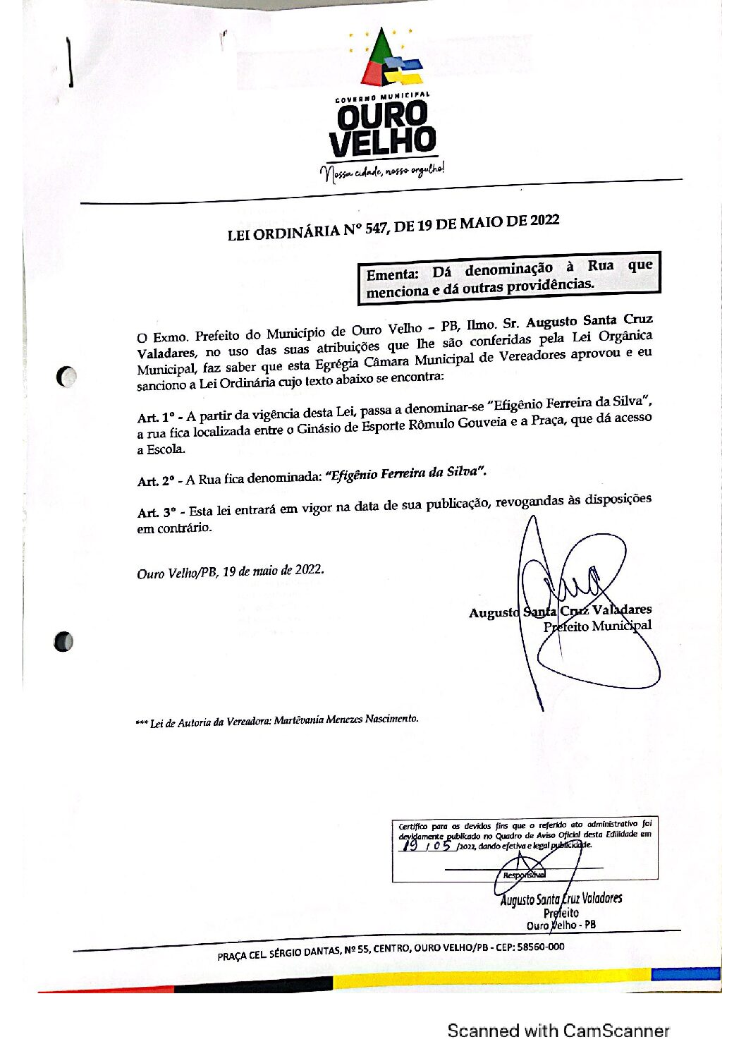 LEI ORDINÁRIA N° 547, DE 19 DE MAIO DE 2022