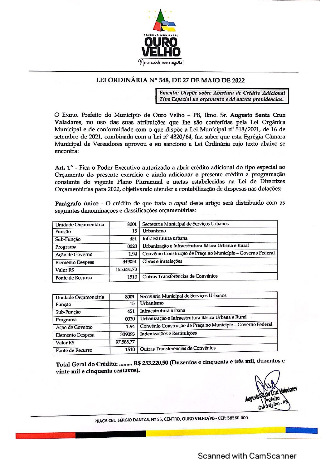 LEI ORDINÁRIA N° 548, DE 27 DE MAIO DE 2022