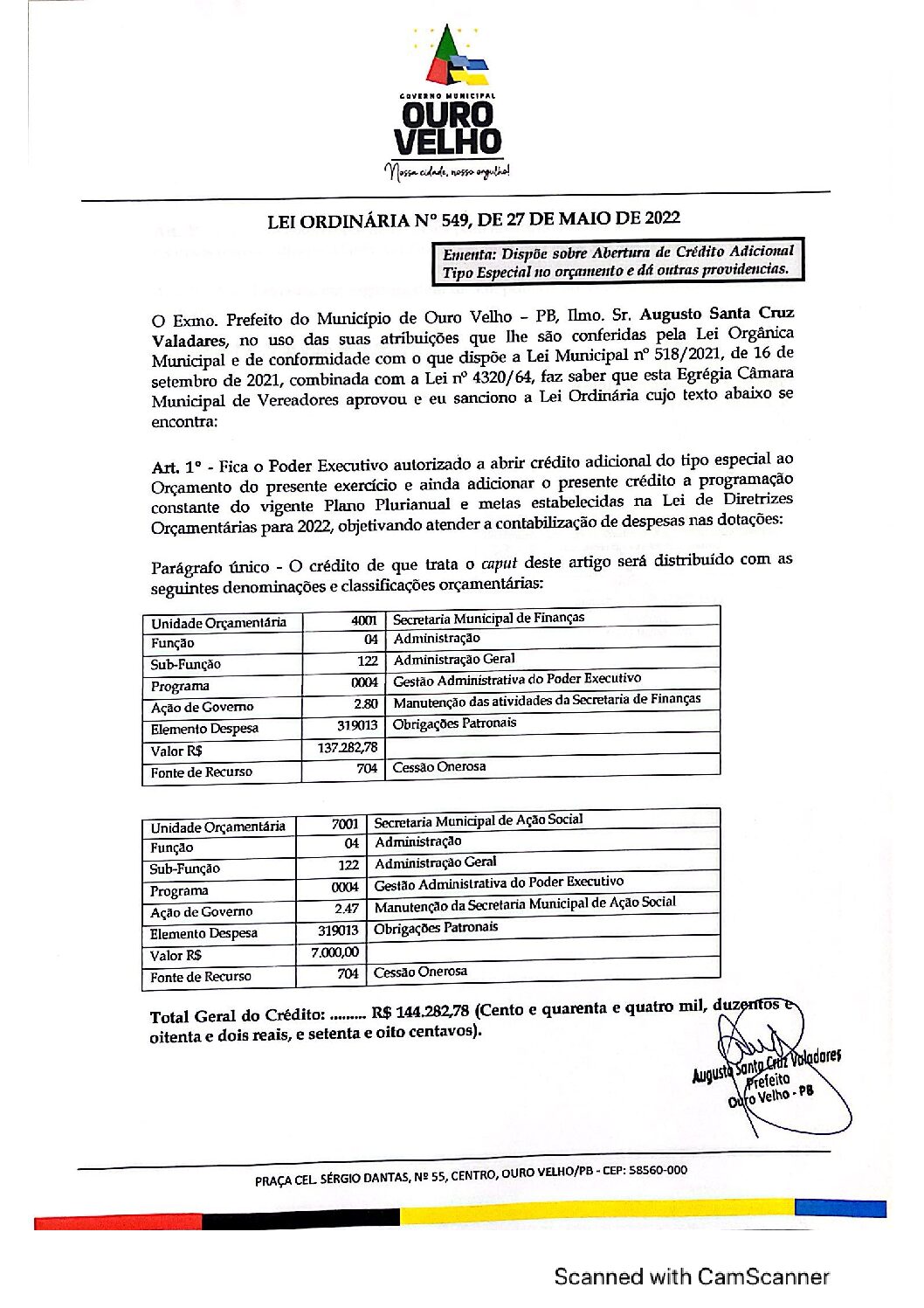 LEI ORDINÁRIA N° 549, DE 27 DE MAIO DE 2022