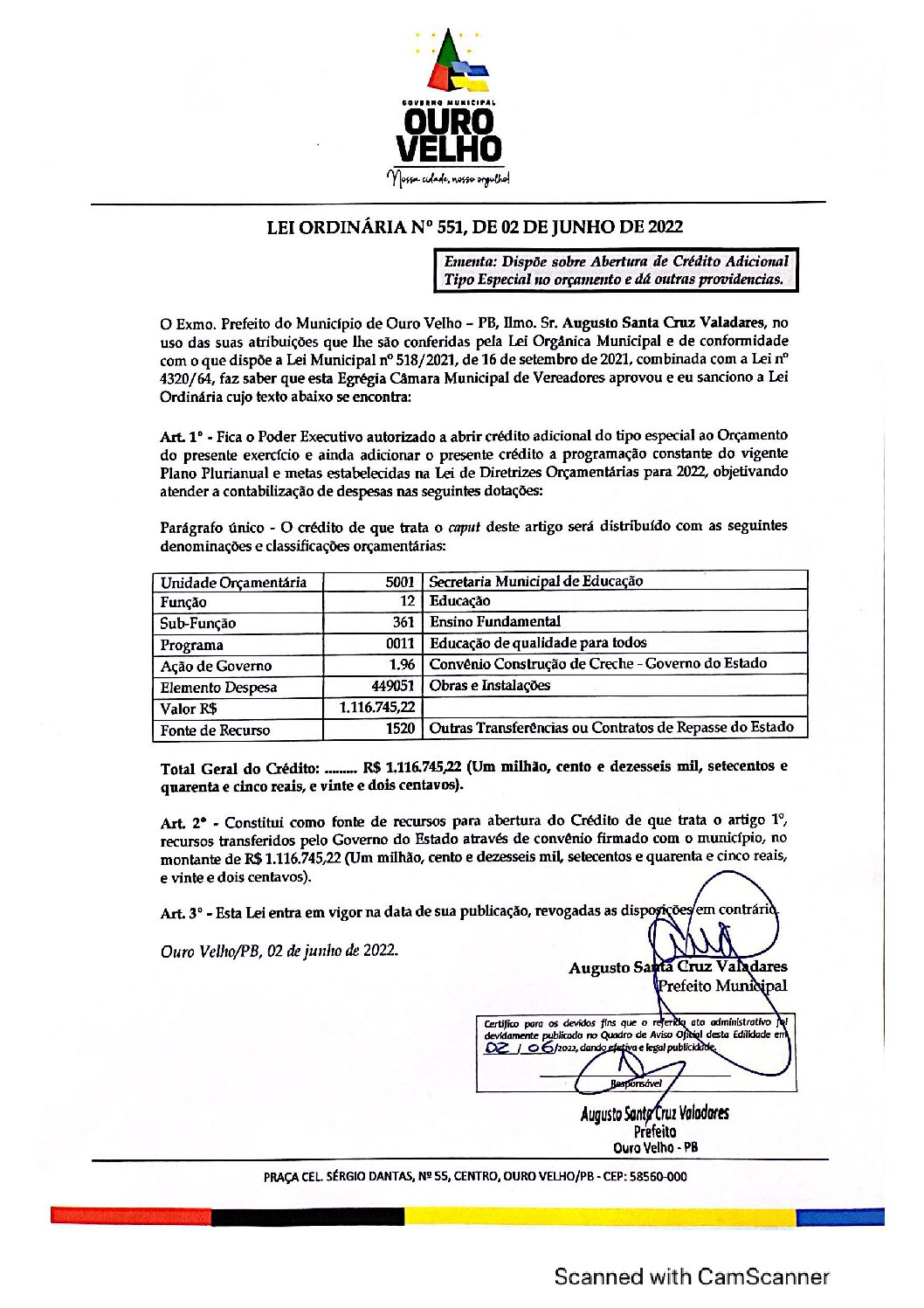 LEI ORDINÁRIA N° 551, DE 02 DE JUNHO DE 2022