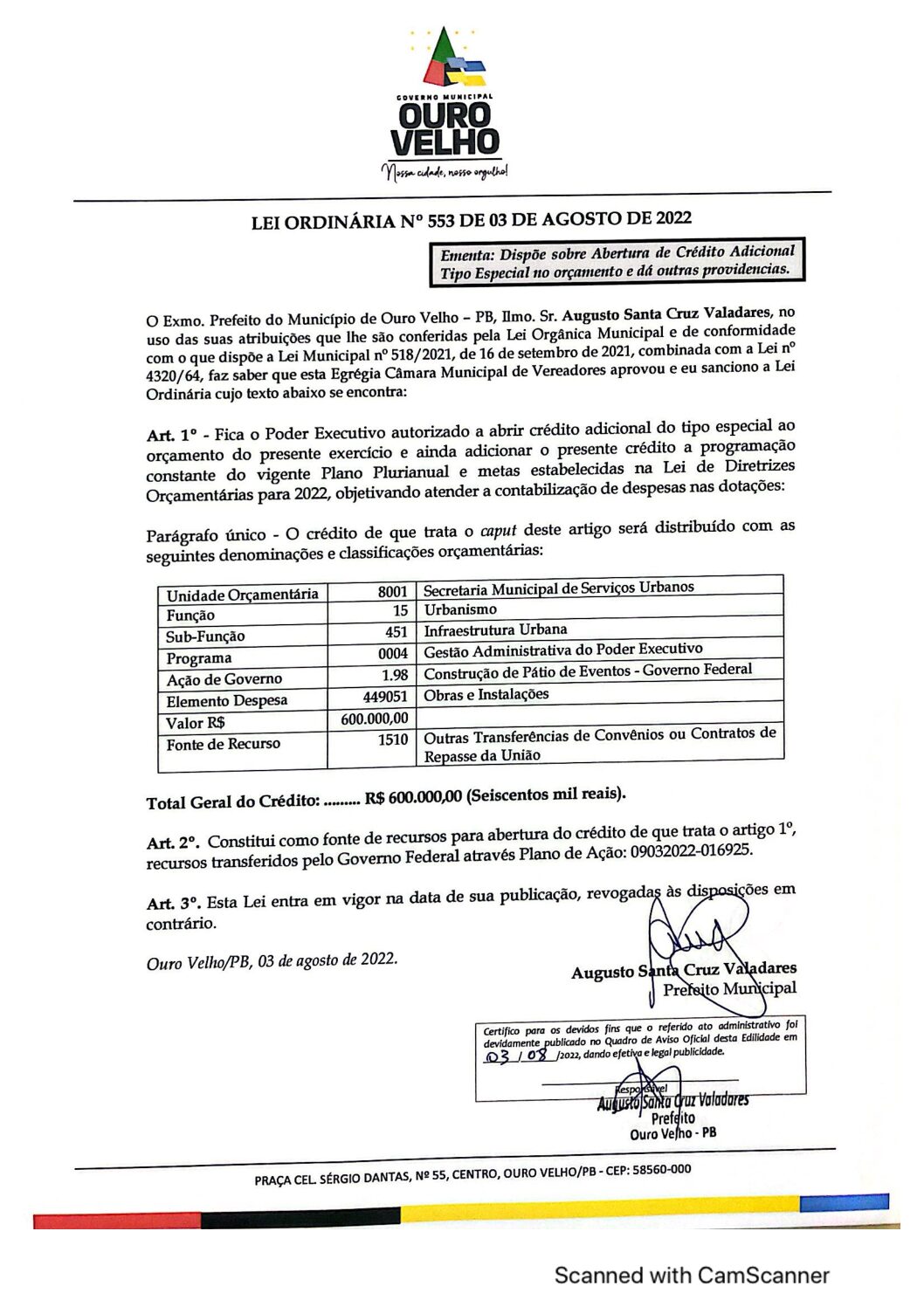 LEI ORDINÁRIA N° 553 DE 03 DE AGOSTO DE 2022