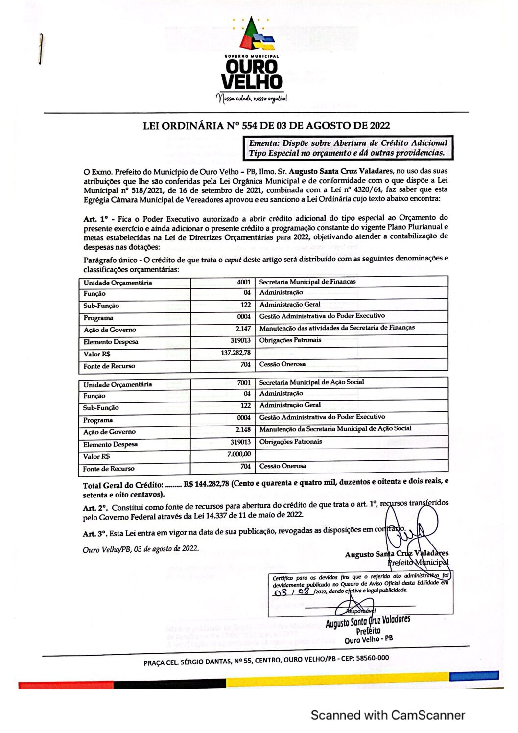 LEI ORDINÁRIA N° 554 DE 03 DE AGOSTO DE 2022