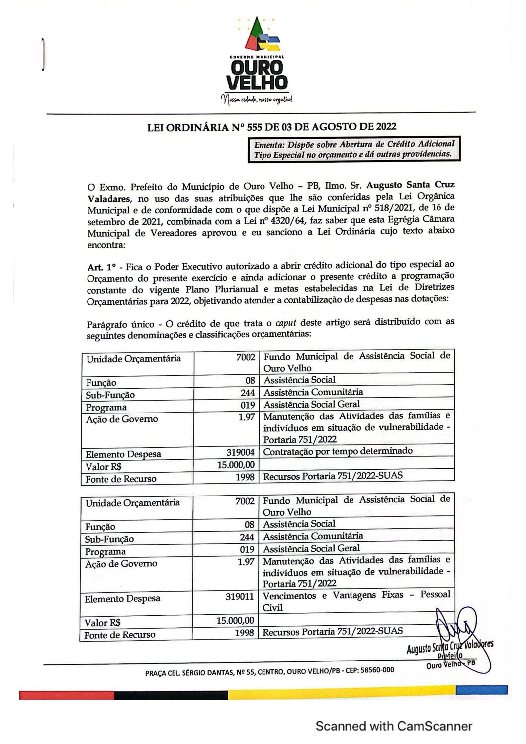 LEI ORDINÁRIA N° 555 DE 03 DE AGOSTO DE 2022
