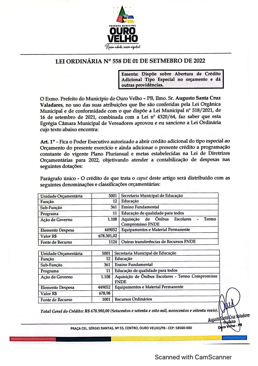 LEI ORDINÁRIA N° 558 DE 01 DE SETEMBRO DE 2022