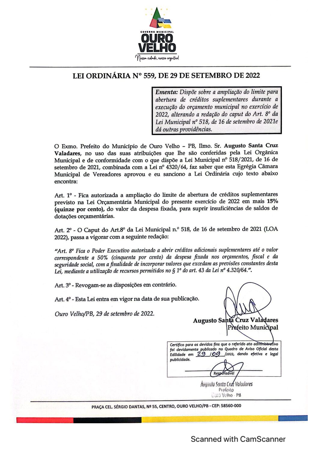 LEI ORDINÁRIA N° 559, DE 29 DE SETEMBRO DE 2022