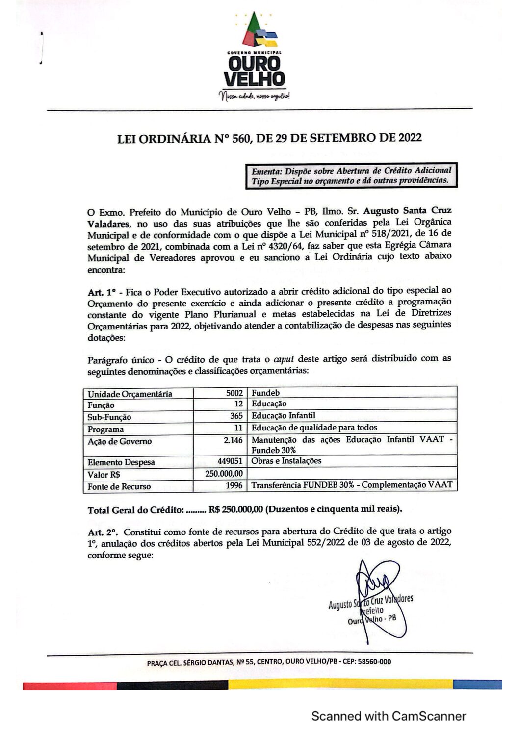 LEI ORDINÁRIA N° 560, DE 29 DE SETEMBRO DE 2022