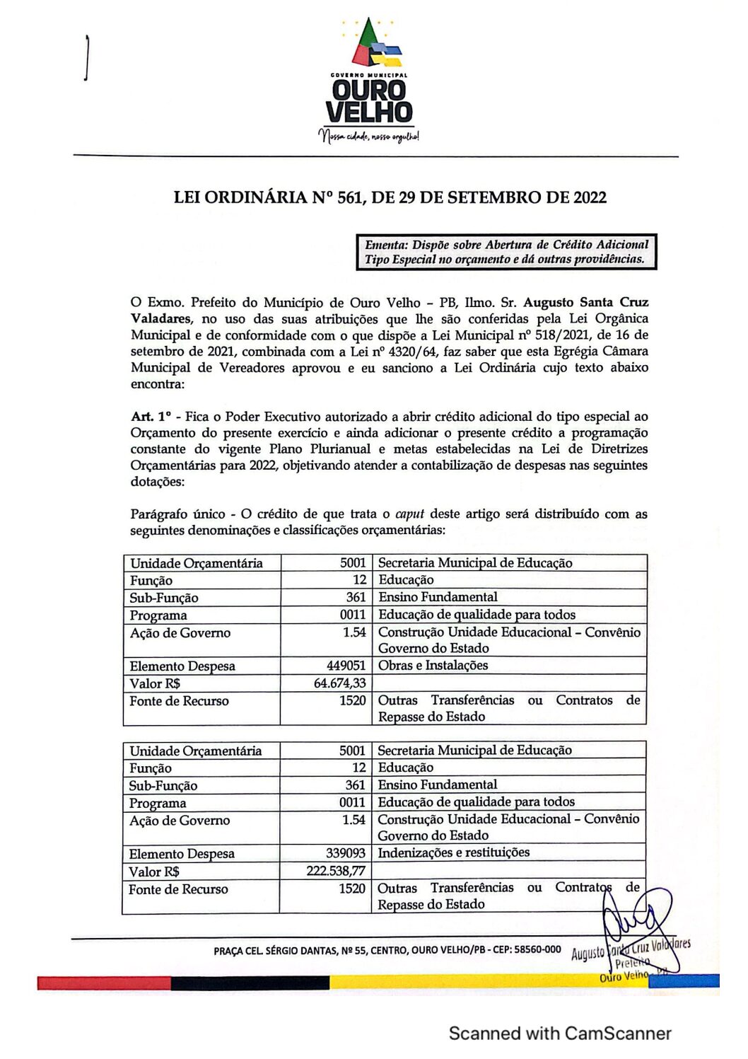 LEI ORDINÁRIA N° 561, DE 29 DE SETEMBRO DE 2022
