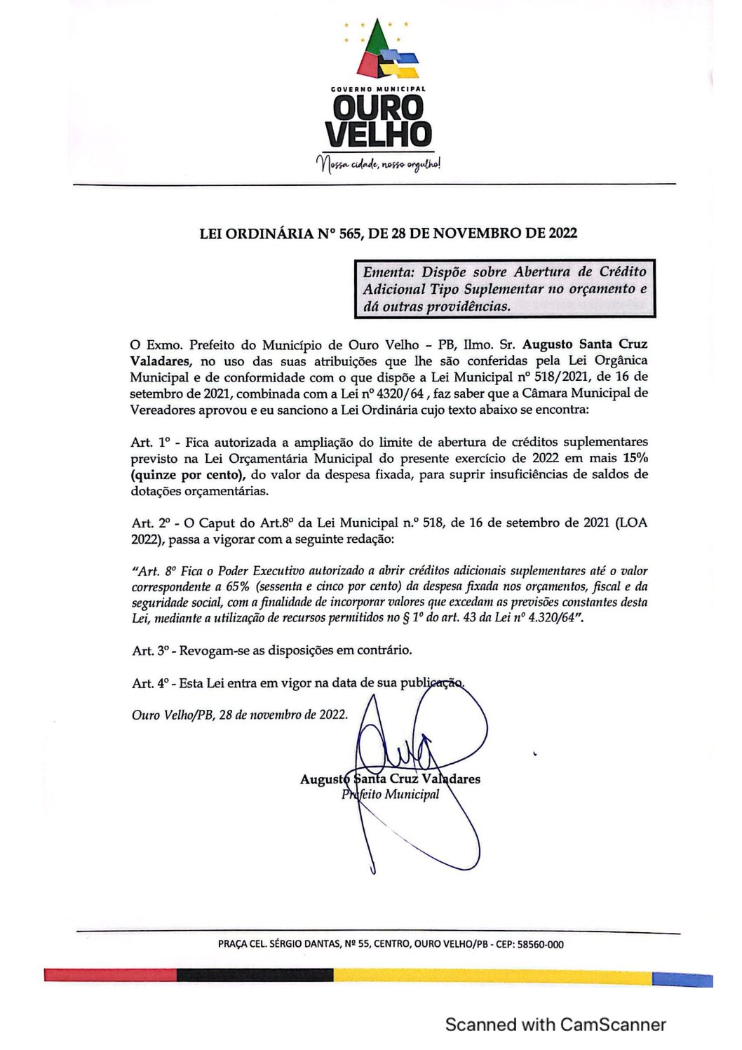 LEI ORDINÁRIA N° 565 DE 28 DE NOVEMBRO DE 2022